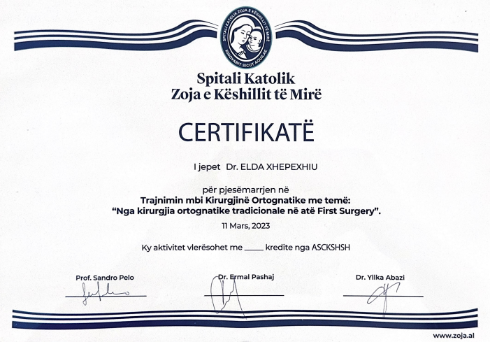 Elda certifikate Zoja - Ismailaj Dental - Problemi juaj i dhëmbëve, merr fund me ne.