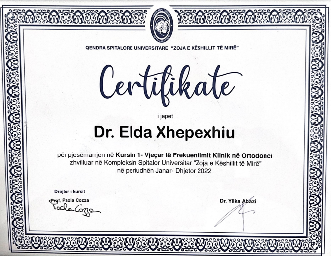 Elda certifikate Zoja Ortodonci e1725237488637 - Ismailaj Dental - Problemi juaj i dhëmbëve, merr fund me ne.